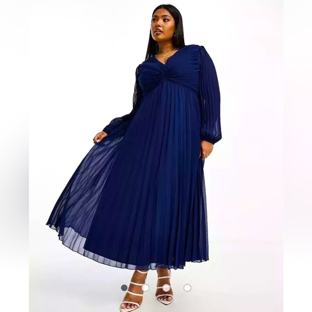 ASOS DESIGN Curve Pleated Bodice Plunge Neck Midi Dress Women's Size 22 Navy